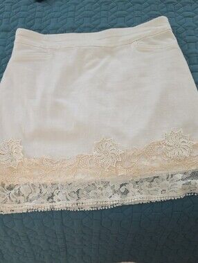 Croft & Barrow White Mini Skirt with Cream Lace Trim Upcycled